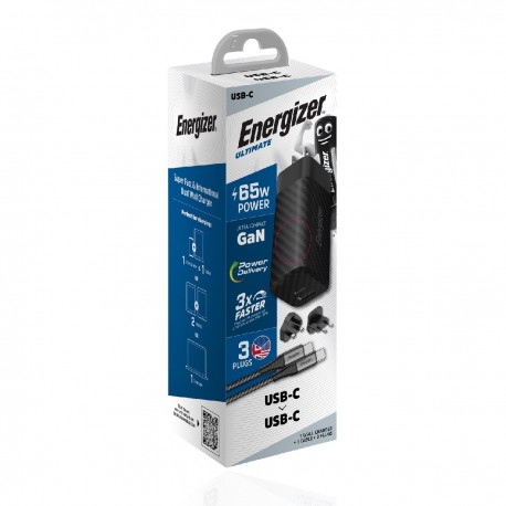 Φορτιστής Ταξιδίου Energizer A65MUC με Καλώδιο USB-C σε USB-C PD65W και Έξοδο  USB-C,USB-A EU / UK / US Μαύρο GaN Tech