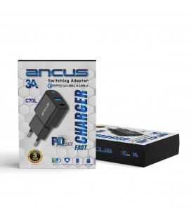 Φορτιστής Ταξιδίου Switching Ancus Supreme Series C70L Dual Fast Charge USB/USB-C Έξοδο QC3.0 PD 20W Μαύρο με LED